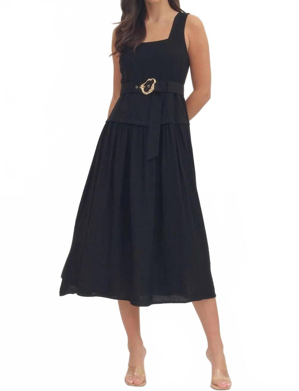 NEW ENTRO gold buckle sleeveless midi dress in black